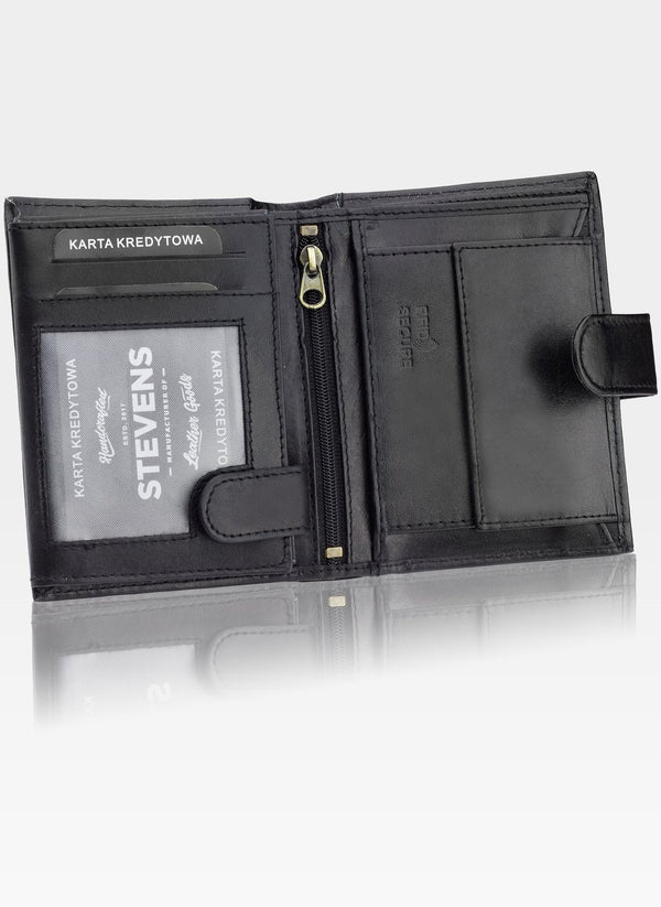 Vīriešu ādas maks STEVENS ar RFID aizsardzību, melns S196